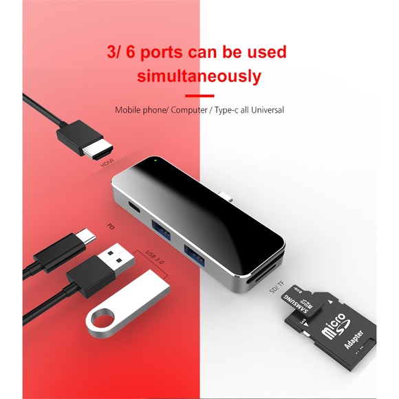 USB Type C 6-in-1 Hub Charging Dock Includes USB 3.0, PD, TF, SD, & HDMI Ports - Picture 4 of 6